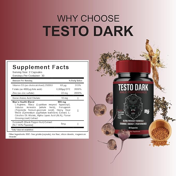 BLUE VIBE TestoDark Premium Wellness & Advanced Health Management Supplement Pills, TestoDark Maximum Strength Daily Health Support & Overall Wellness Formula Supplement Tablets (60 Capsules)