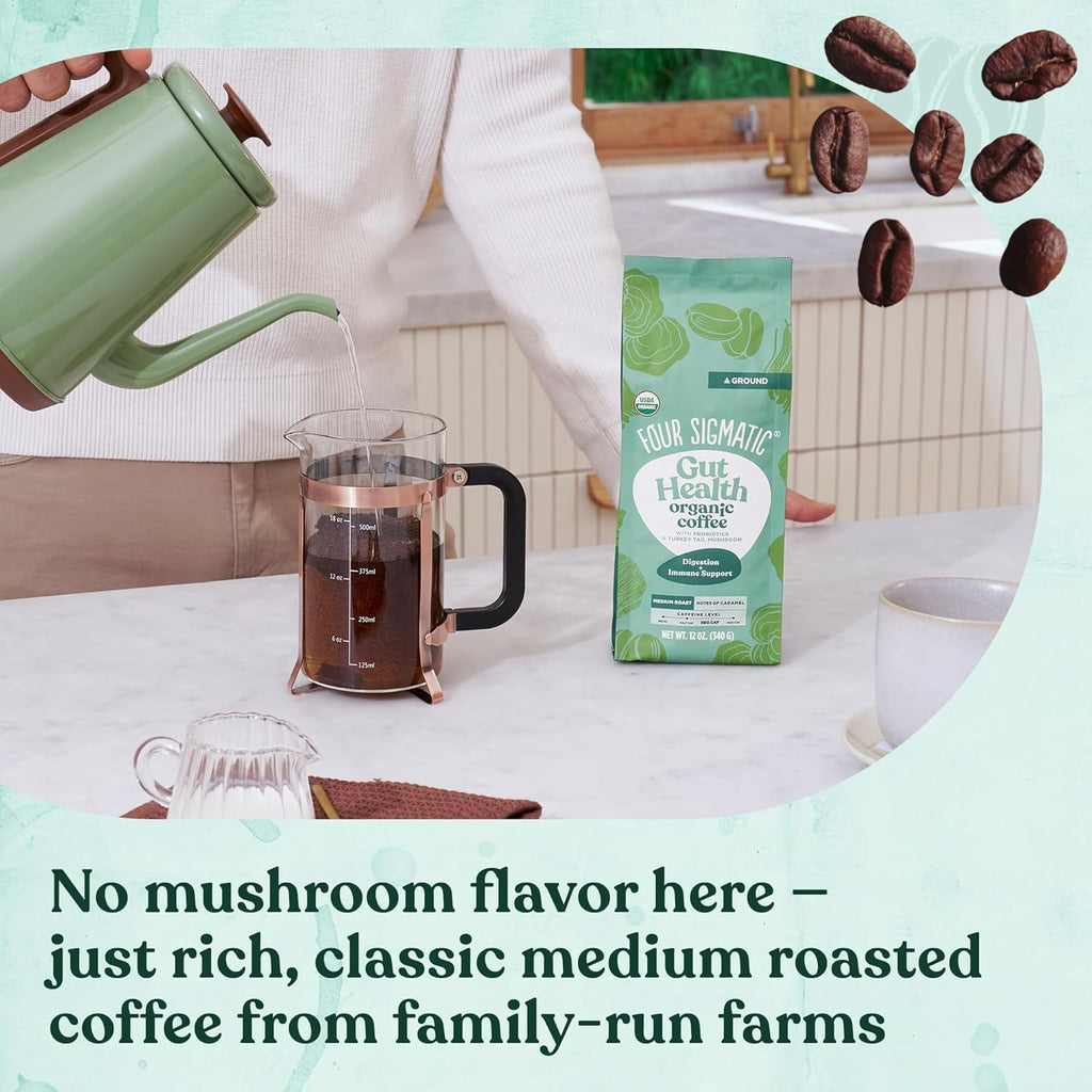 Four Sigmatic Gut Health Organic Ground Coffee | Medium Roast, Immune Boosting Probiotic Mushroom Coffee with Chaga & Turkey Tail for Gut Health & Immune Support | 12oz Bag