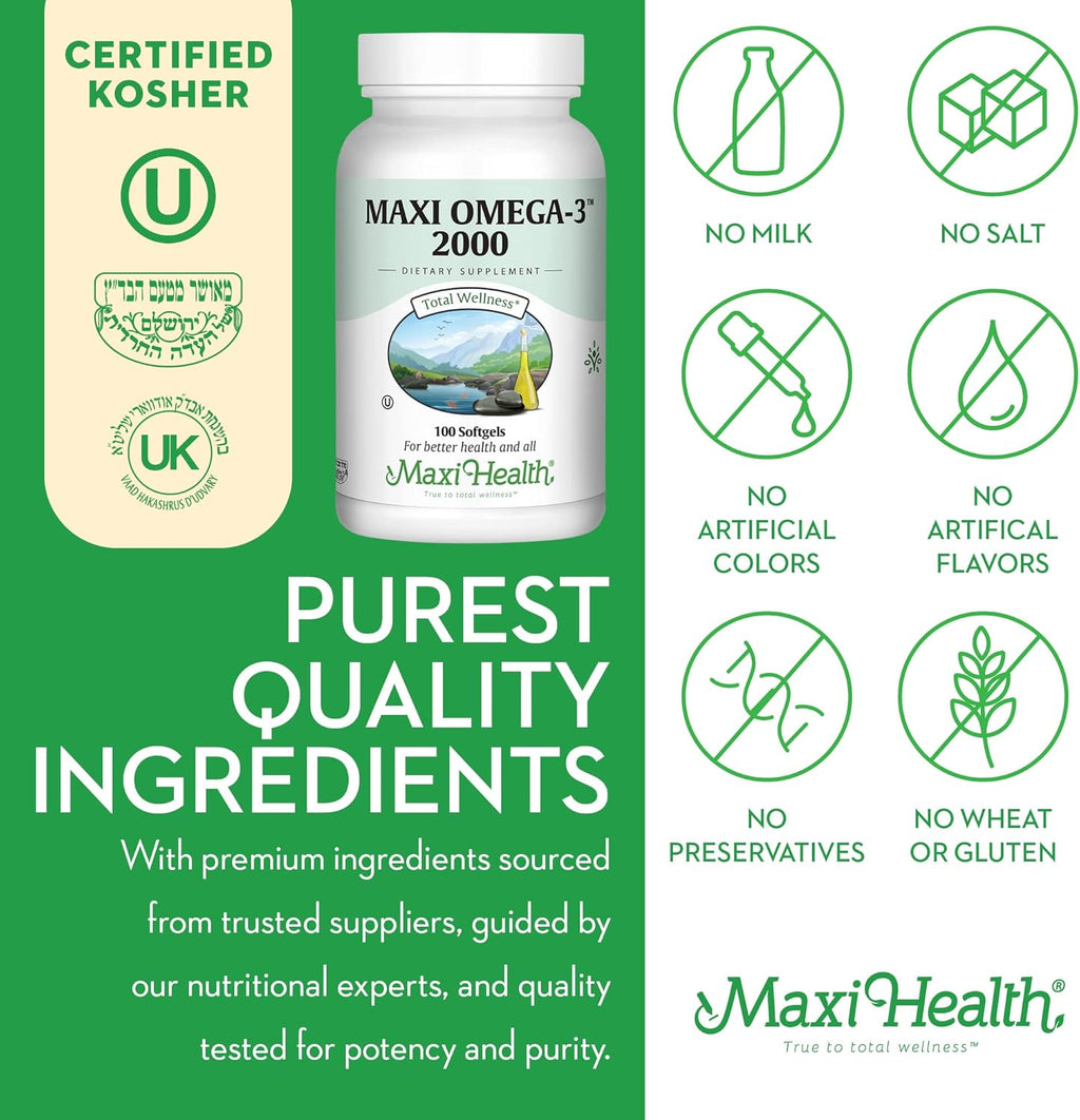 Maxi Health Omega 3 Fish Oil 2000mg – Fish Oil Omega 3 Supplements with No Fishy Aftertaste – Triple Strength EPA DHA – Kosher Omega3 Supplement to Help Support Overall Wellness (100 Softgels)
