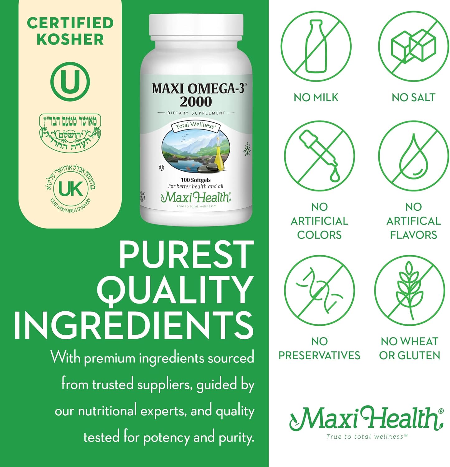 Maxi Health Omega 3 Fish Oil 2000mg – Fish Oil Omega 3 Supplements with No Fishy Aftertaste – Triple Strength EPA DHA – Kosher Omega3 Supplement to Help Support Overall Wellness (100 Softgels)