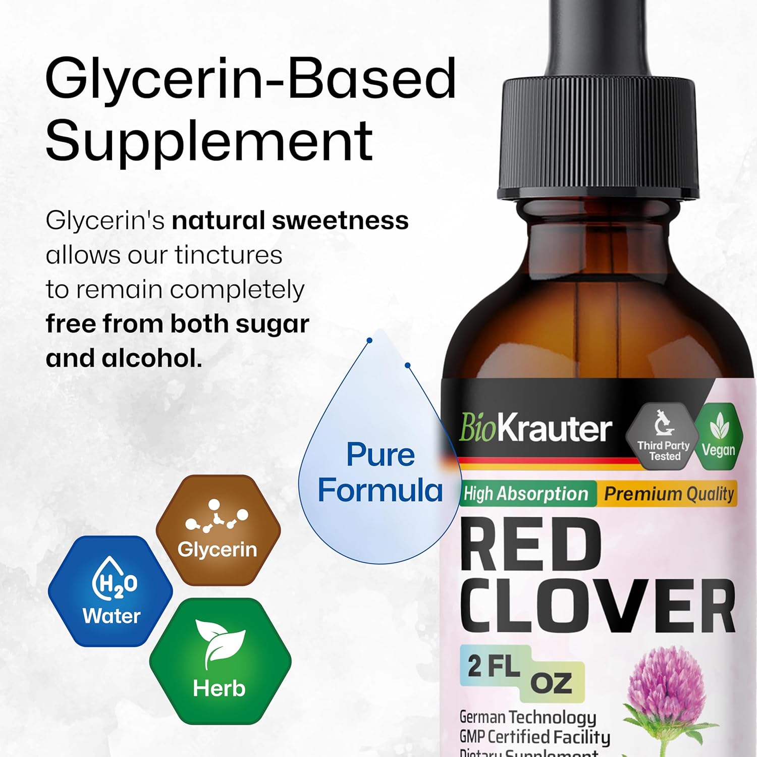 BIO KRAUTER Red Clover Tincture - Red Clover Extract - Liquid Supplement for Women's Support - Alcohol and Sugar Free - Vegan Drops 2 Fl.Oz.