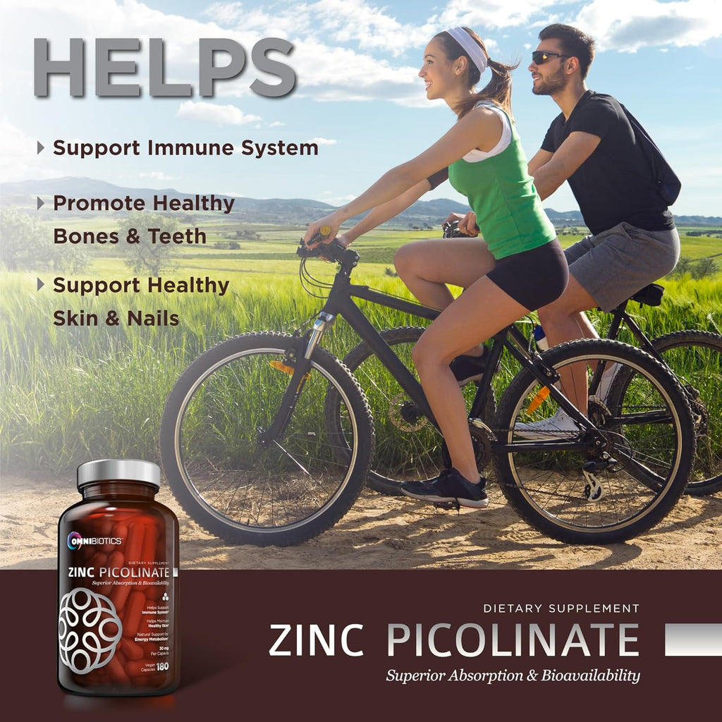 OmniBiotics Zinc Picolinate 30mg Supplement – High Absorption Zinc for Immune System, Healthy Skin, and Energy Support – 180 Vegan Capsules
