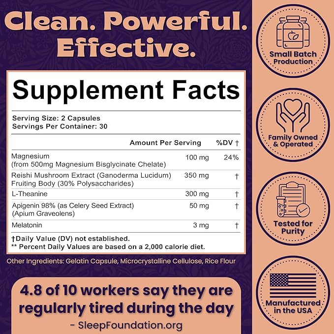 Natural Sleep Aid with Magnesium Glycinate, Reishi Mushroom Extract, L-Theanine, Apigenin, and Melatonin - Sleep Supplement for Adults Seeking Deep Rest - 60 Capsules, Made in The USA