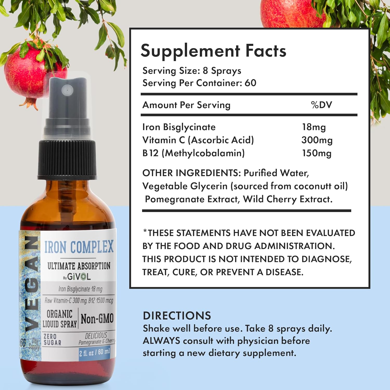 Iron Supplement - 18mg Bisglycinate Complex with Vitamin C & B12 for Energy & Immunity Boost, Vegan Liquid Spray, Optimal Absorption - Non-GMO, Sugar-Free, (60 ml) 60 Days Supply