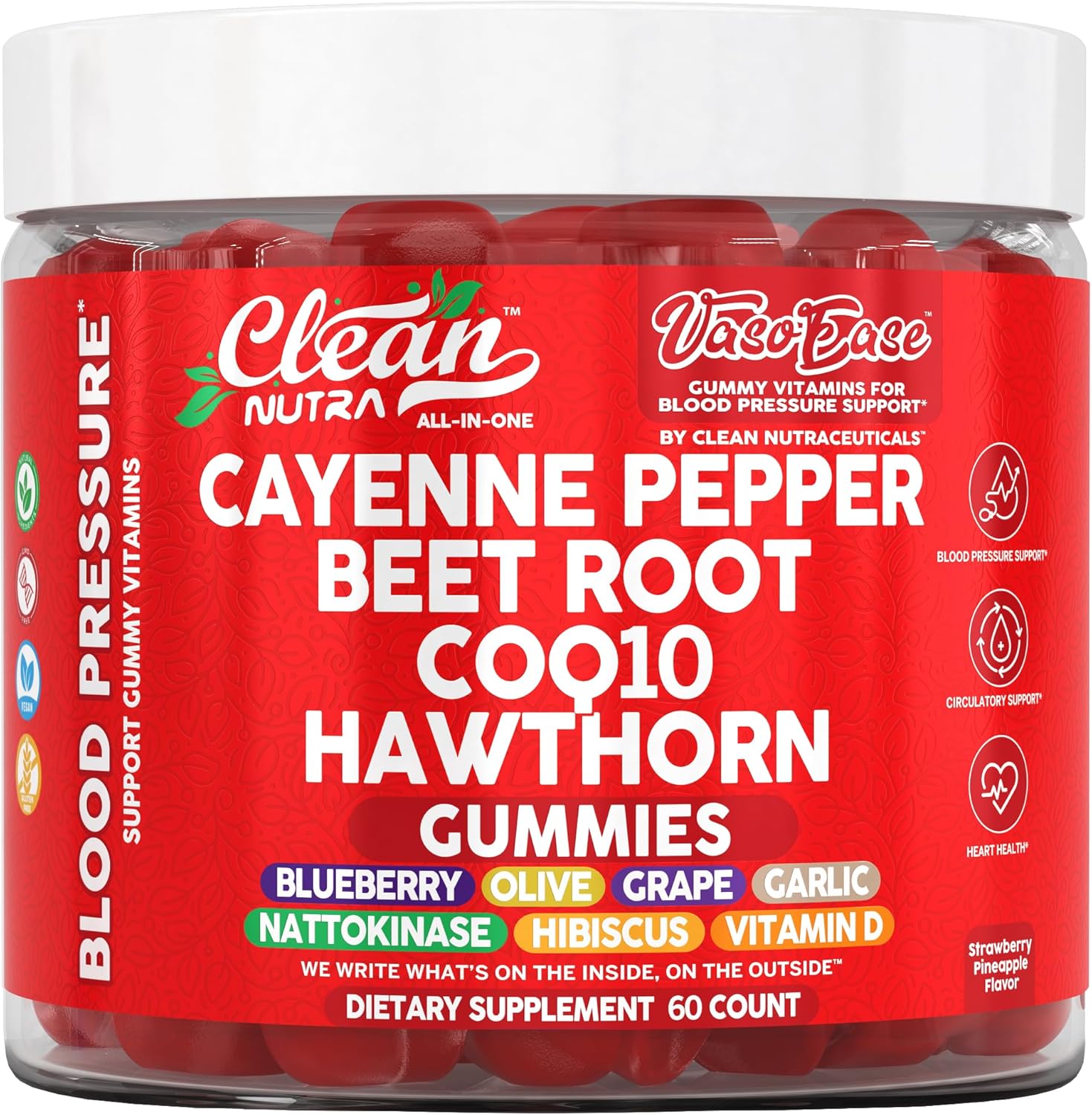 Clean Nutra Cayenne Pepper Beetroot Gummies Beet Root Garlic CoQ10 Hawthorn Berry Grape Seed Extract Olive Leaf Nattokinase Hibiscus Vitamin D Nitric Oxide - VasoEase
