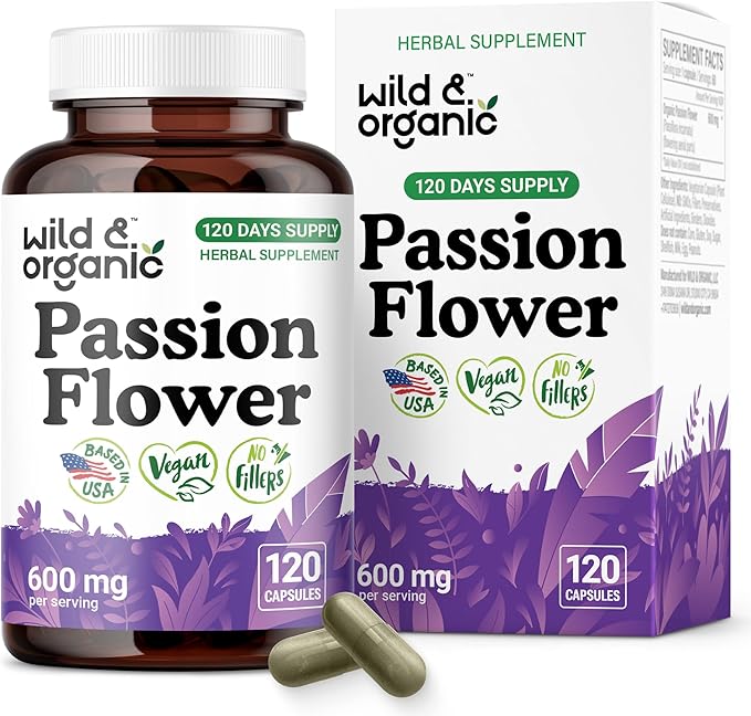 Wild & Organic Passion Flower Extract Capsules 600 mg - Relaxation & Mood Support - Passionflower Supplement - Passiflora Incarnata Herb - Vegan, No Fillers, Non-GMO - 120 Count