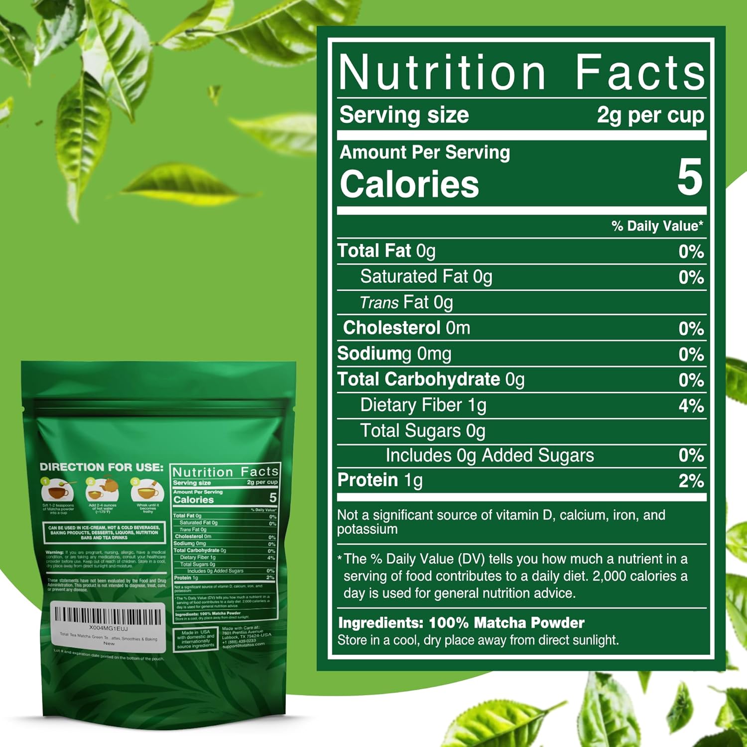 Organic Matcha Green Tea Powder (1lb) – Certified USDA Organic Powder for Matcha Latte, Tea, and Smoothies – Kosher, Non-Gmo, Antioxidant Rich Fruit Tea by Total Tea