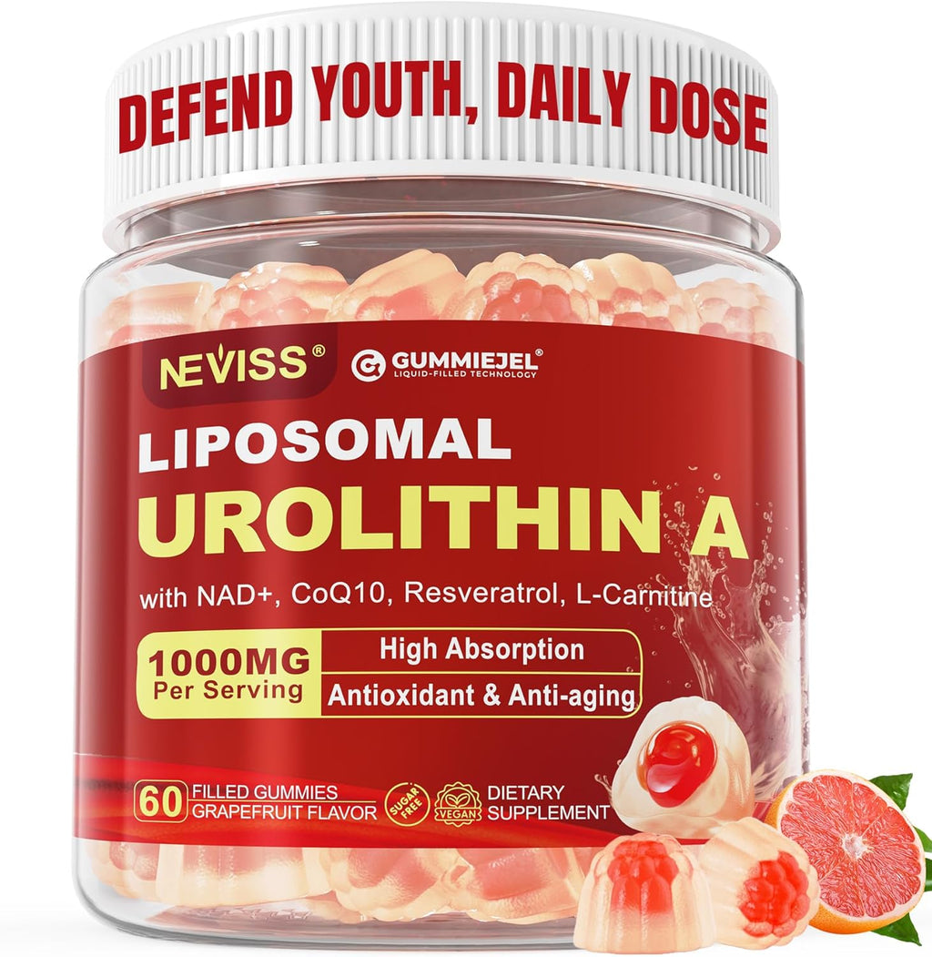 Urolithin A Gummies for Longevity & Muscle Energy, 1000mg Liposomal Urolithin A+ Supplement with NAD+, CoQ10, Resveratrol & L-Carnitine for Cellular, Mitochondrial, Brain & Heart Health, Vegan, 60ct