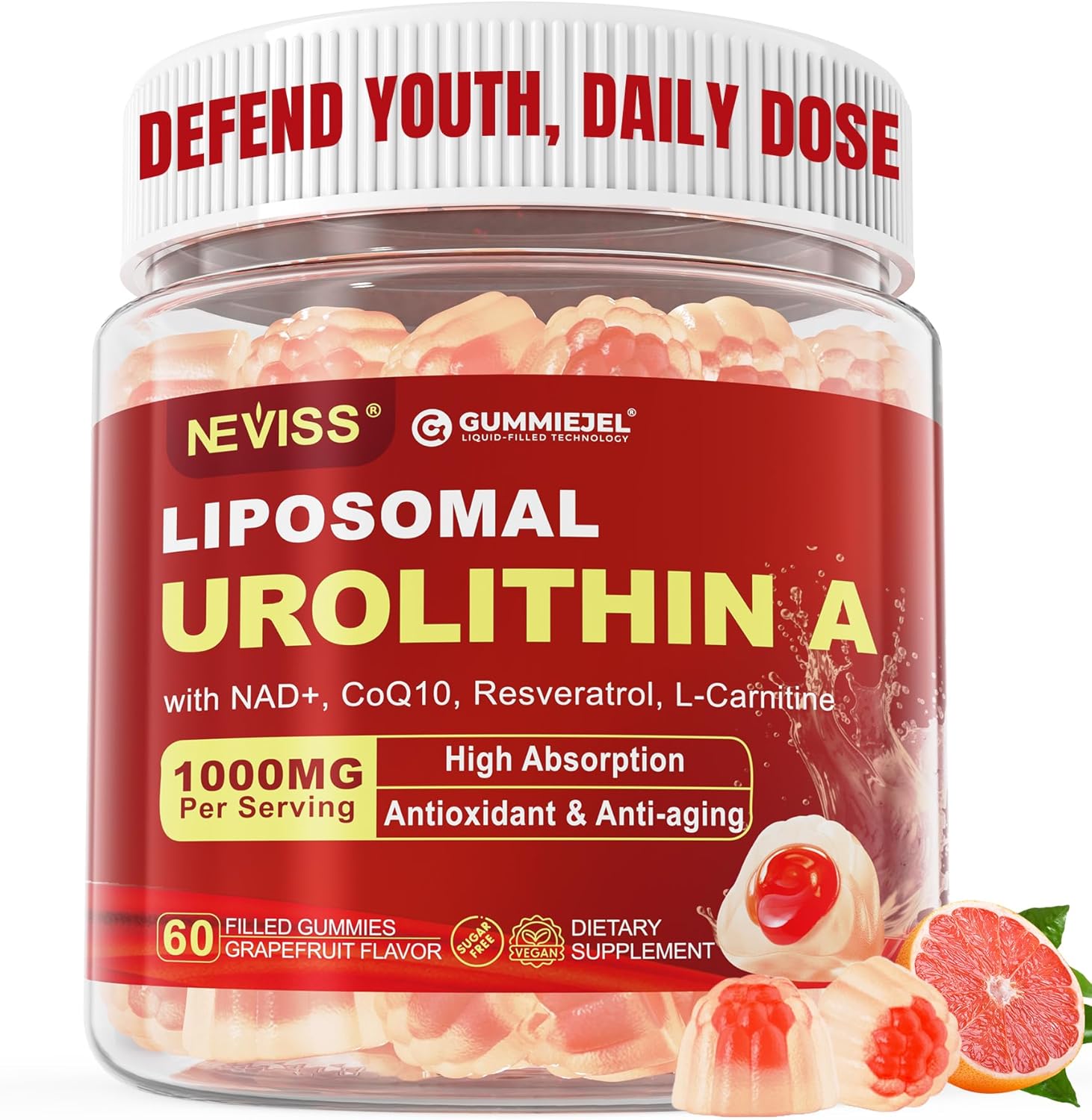 Urolithin A Gummies for Longevity & Muscle Energy, 1000mg Liposomal Urolithin A+ Supplement with NAD+, CoQ10, Resveratrol & L-Carnitine for Cellular, Mitochondrial, Brain & Heart Health, Vegan, 60ct