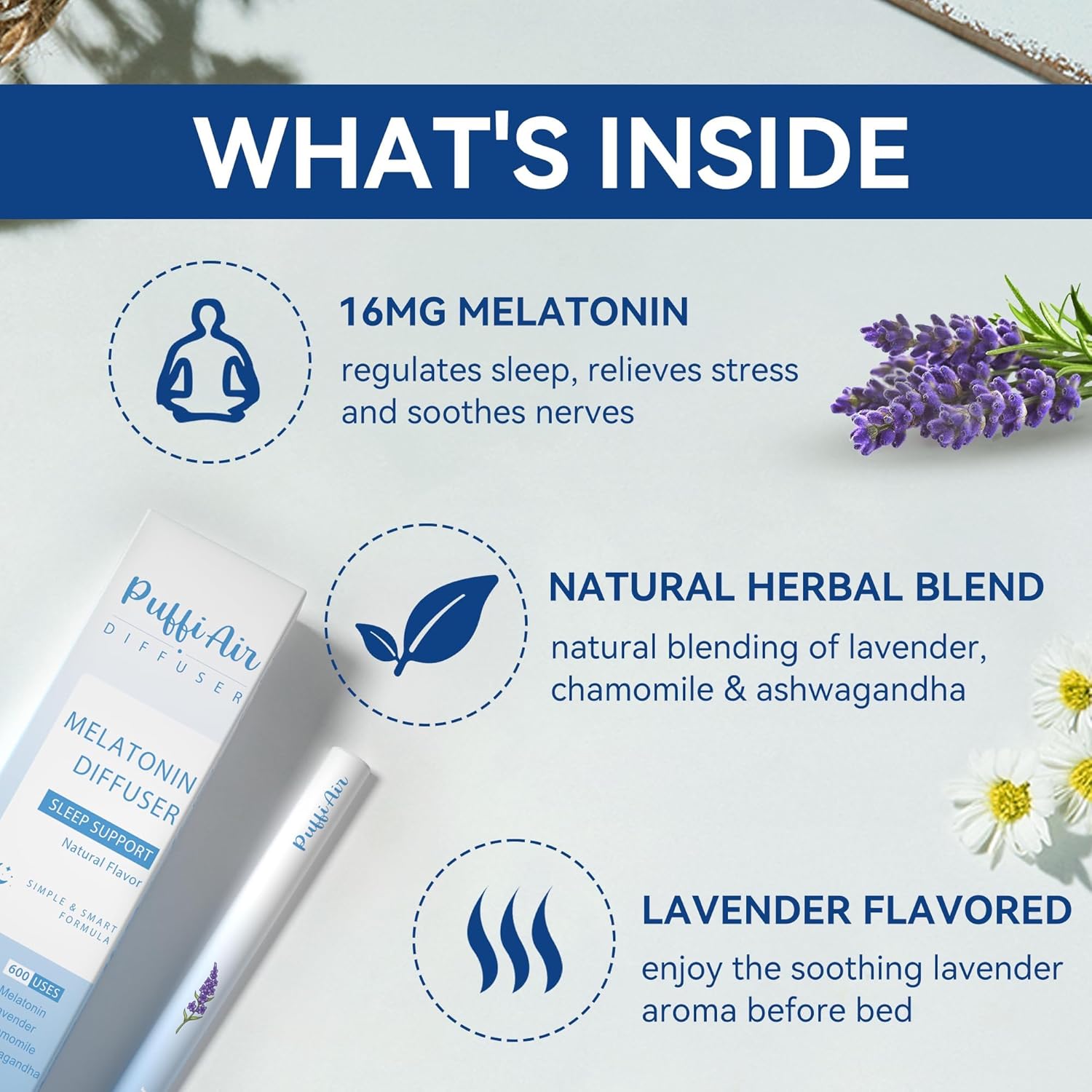 Herbal Anxiety Pen - Melatonin Diffuser with Lavender, Chamomile & Ashwagandha for Sleep Support & Stress Relief - 600 Uses