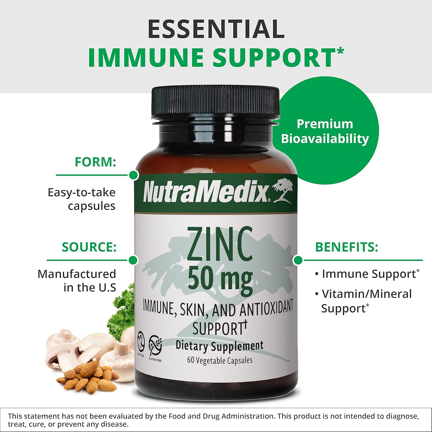 NutraMedix Zinc 50mg - Supplements for a Healthy Immune Defense, Skin Health & Antioxidant Support - Easy to Digest Zinc for Immune Health (60 Capsules)