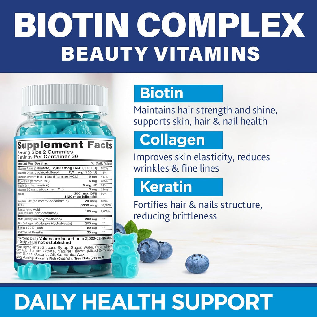 Biotin Collagen Keratin Gummies - Multivitamin Natural for Hair, Skin & Nails with Vitamin A, D, B7 - Anti Aging Collagen Gummy Vitamins for Men & Women, Hair & Nail Growth Supplement - 60 Gummy Bears