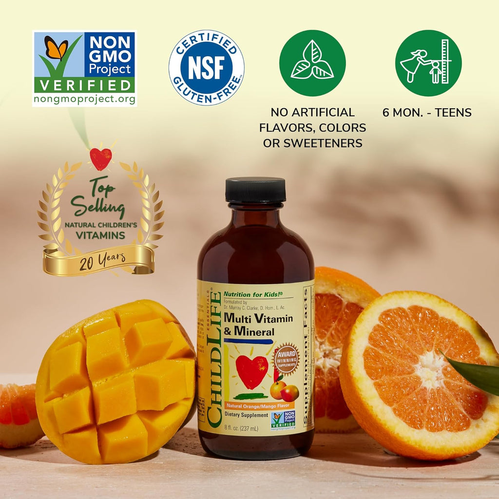 CHILDLIFE ESSENTIALS Kids Multivitamin & Mineral - Kids Vitamins, Liquid Multivitamin for Kids, Toddler Multivitamins, Liquid Vitamins, Baby Multivitamin - Natural Orange & Mango, 8 Fl Oz (Pack of 4)