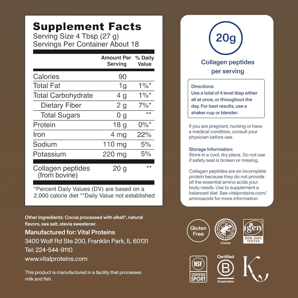 Vital Proteins Grass Fed Collagen Powder Supplement (Type I, III) for Skin Hair Nail Joint - Hydrolyzed Collagen, Grass Fed, Dairy and Gluten Free - Chocolate Flavor, 17.1 oz Canister