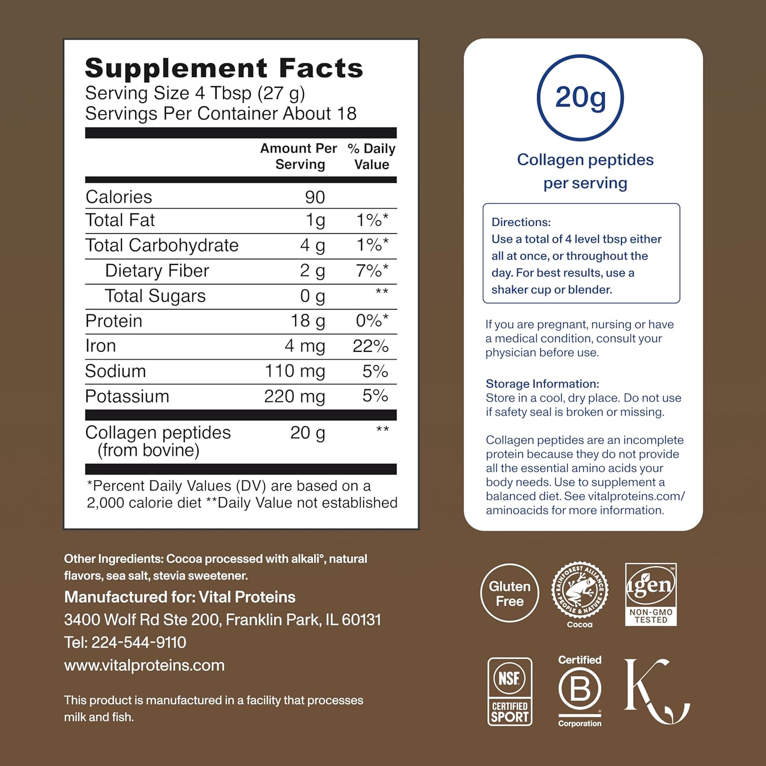 Vital Proteins Grass Fed Collagen Powder Supplement (Type I, III) for Skin Hair Nail Joint - Hydrolyzed Collagen, Grass Fed, Dairy and Gluten Free - Chocolate Flavor, 17.1 oz Canister