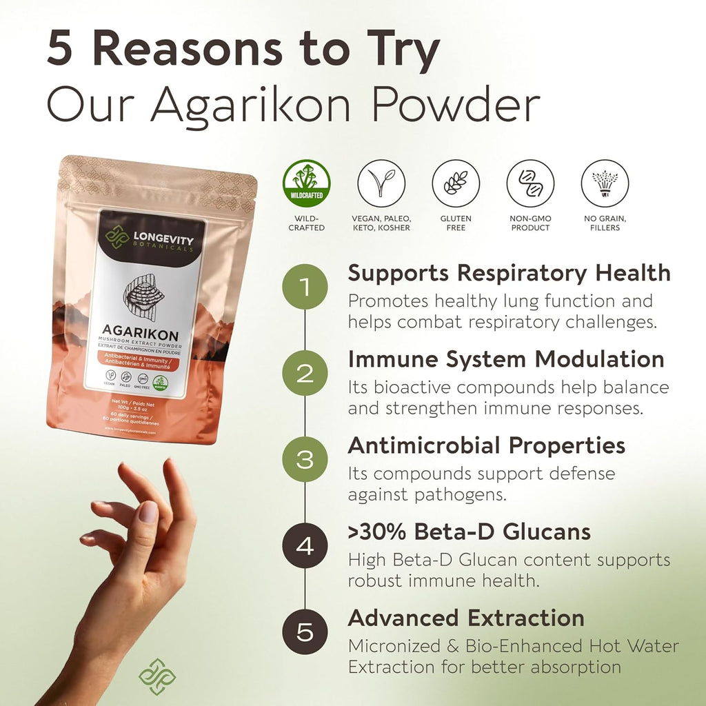 Agarikon Mushroom Powder Supplement 100g | Pure Fruiting Body 10:1 High Strength Extract | 30% Beta-D Glucans | 16,600mg Raw Equivalent Per Serving | Immune, Respiratory & Antioxidant Support