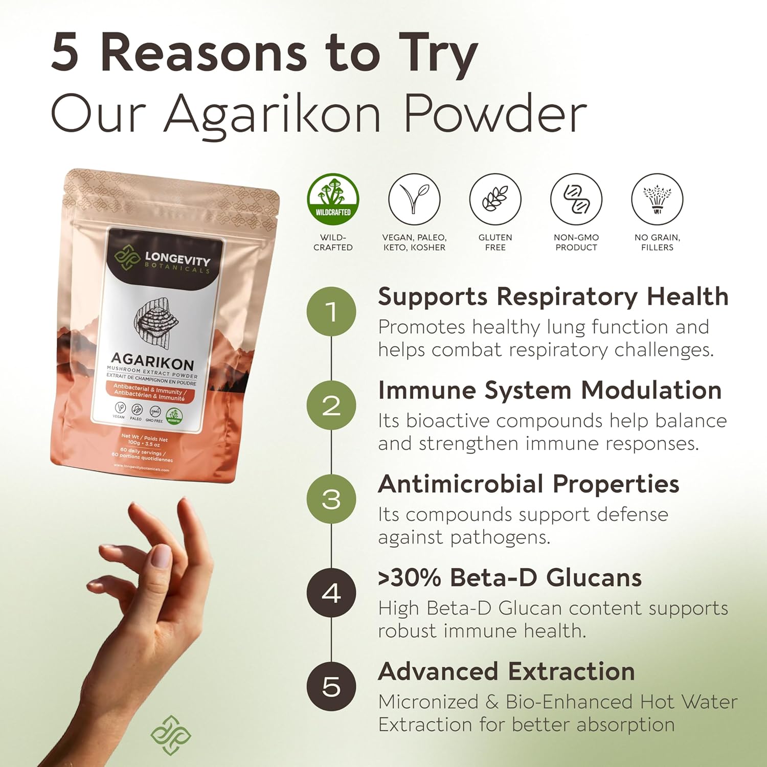 Agarikon Mushroom Powder Supplement 100g | Pure Fruiting Body 10:1 High Strength Extract | 30% Beta-D Glucans | 16,600mg Raw Equivalent Per Serving | Immune, Respiratory & Antioxidant Support