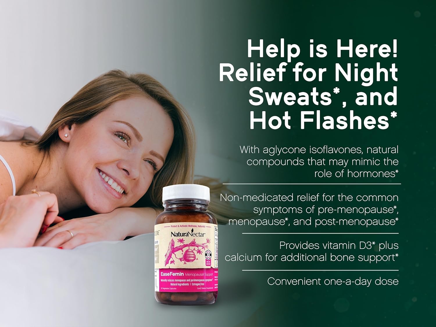 NaturaNectar - EaseFemin Menopausal Support Supplements for Women - Estrogen-Free Red Bee Propolis Capsules for Hot Flashes & Night Sweats - Natural and with Proprietary Calming Herbal Blend (30pcs.)