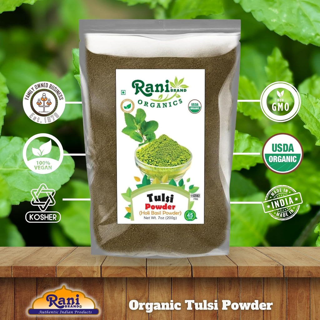Rani Organic Tulsi Powder (Holi Basil Powder) 7oz (200g) ~ All Natural | No Color | Gluten Friendly | Vegan | NON-GMO | Kosher | No Salt or fillers | Indian Origin | USDA Organic Certified