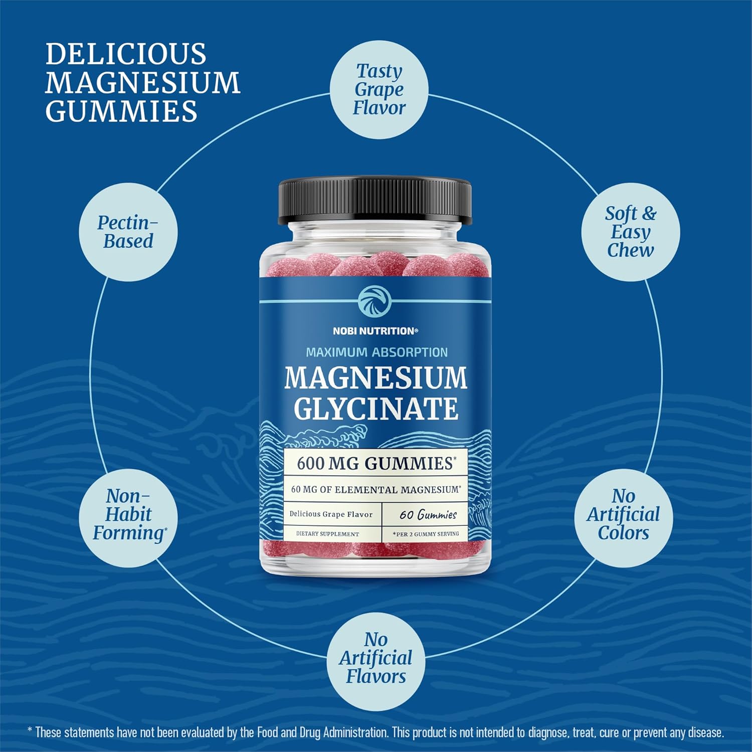 Magnesium Glycinate Gummies 600MG | Sleep, Calm & Relaxation Support | 60MG Elemental Mag Per Serving | Grape Flavor, Gluten-Free | High Absorption Magnesium Gummies for Women, Men & Family | 60 Ct