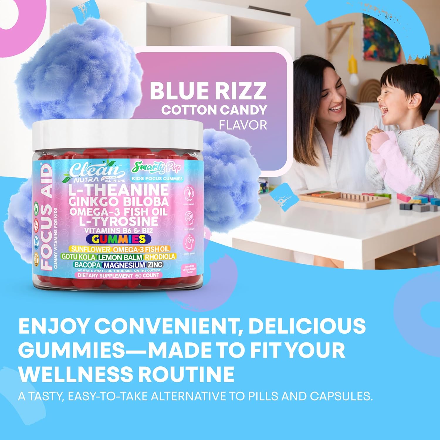 Clean Nutra Kids Focus Gummies with L-Theanine, Ginkgo Biloba, Omega-3 Fish Oil, L-Tyrosine, Vitamin B6, Vitamin B12 – 60 Count – Clean Label, Non-GMO, Vegan-Friendly, SmartyPop Formula