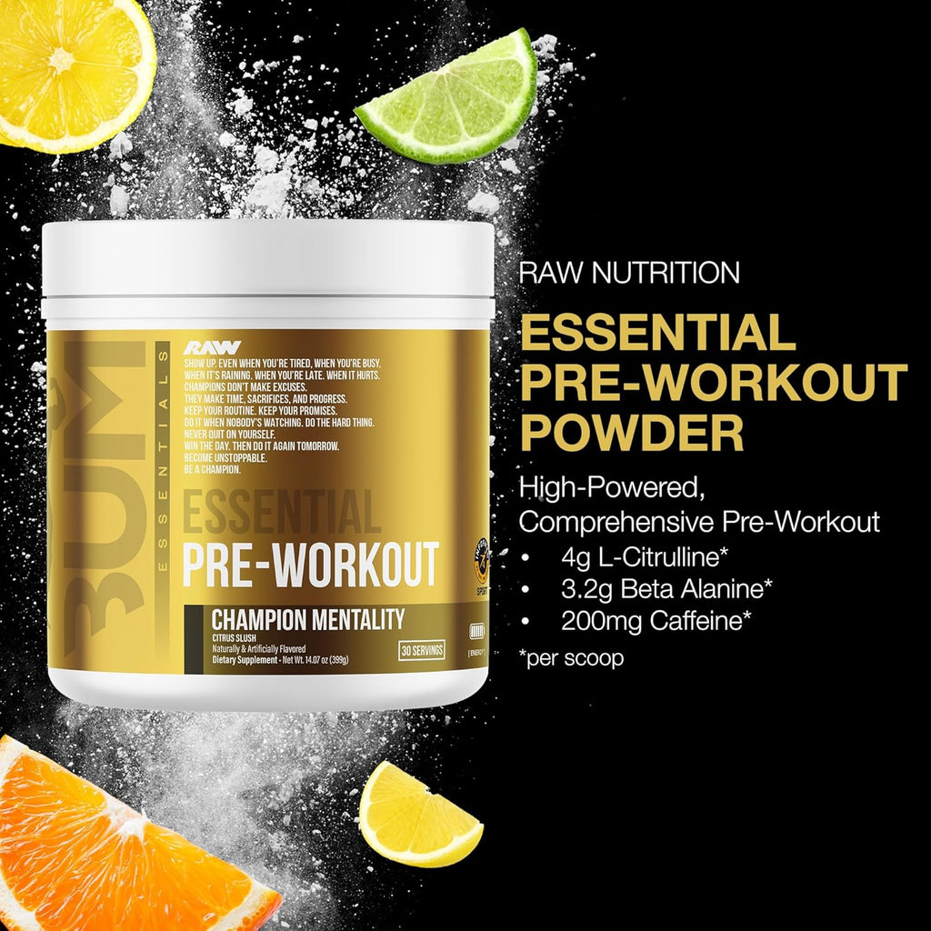 RAW Essential Pre-Workout Powder (Champion Mentality) - Chris Bumstead Sports Nutrition Supplement for Men & Women - Preworkout Energy Powder with Caffeine, L-Citrulline, L-Tyrosine & Beta Alanine