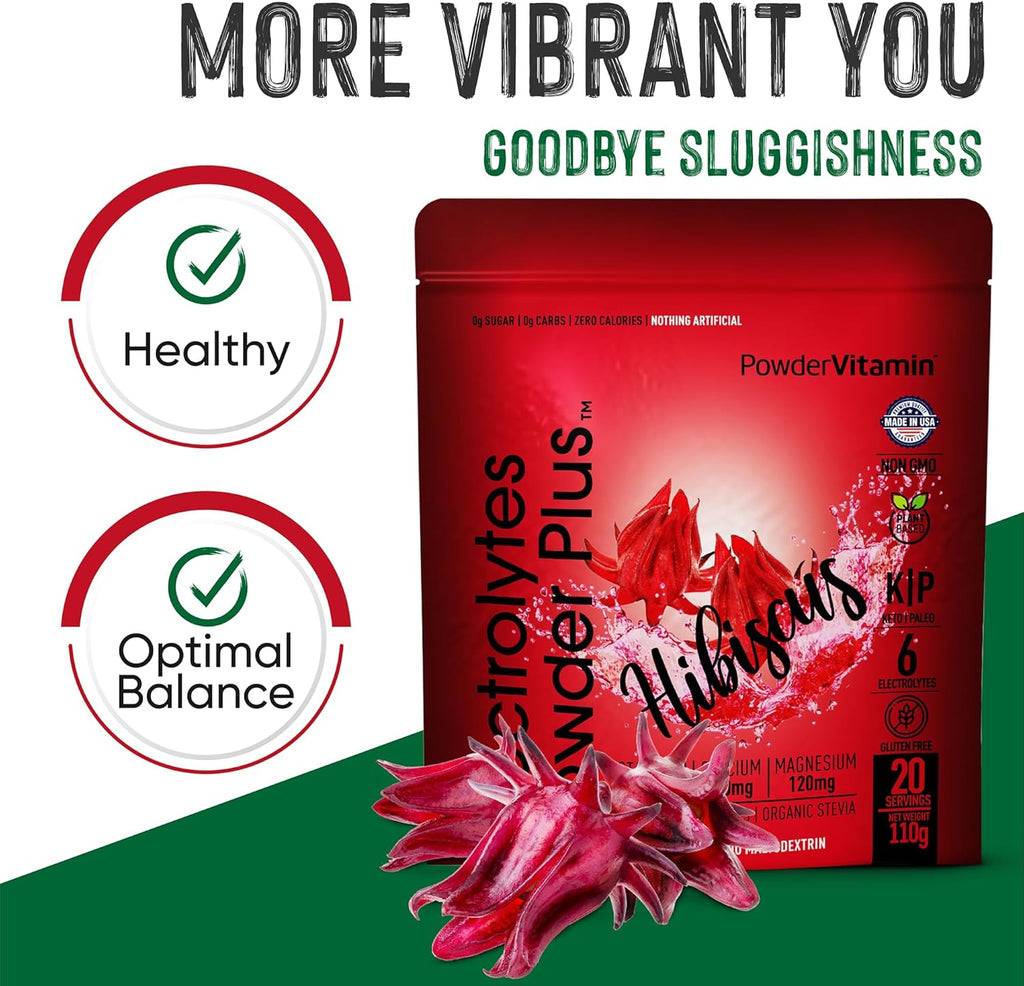 PowderVitamin Electrolytes Powder Plus (20 Servings) Hibiscus Electrolyte Powder, No Maltodextrin, Keto,Sugar Free,Pink Himalayan Salt,1000mg Potassium,120mg Calcium,120mg Magnesium,Hydration Powder