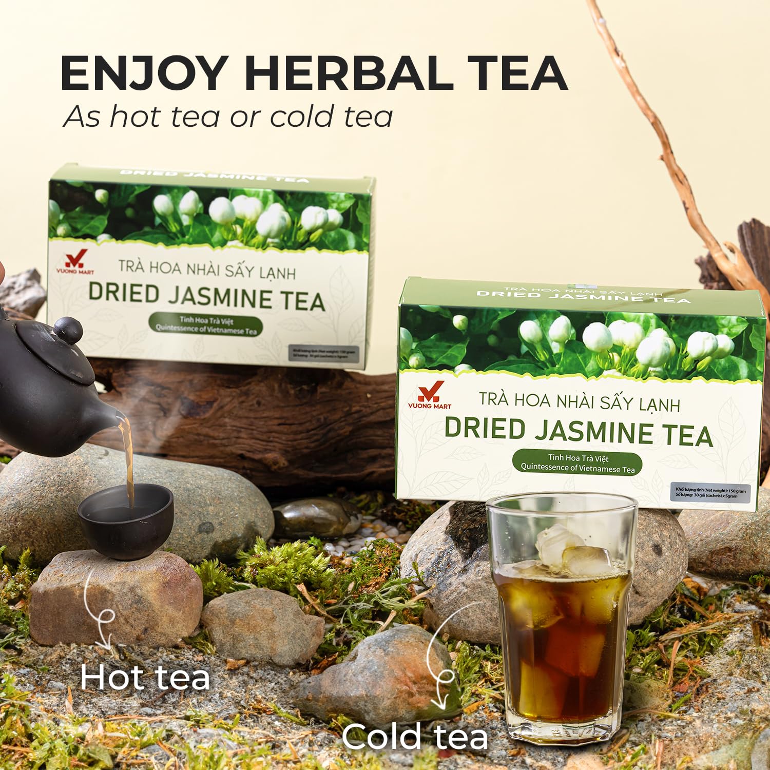 VUONGMART Dried Jasmine Buds Tea, 100% Hand Pick, Stevia, Honeyydew, Heat Pump Drying, Organic Herbal Tea, 30 Tea Bags, Gluten Free, Dairy Free, Sugar Free & Natural, Energy Boost & Health Support