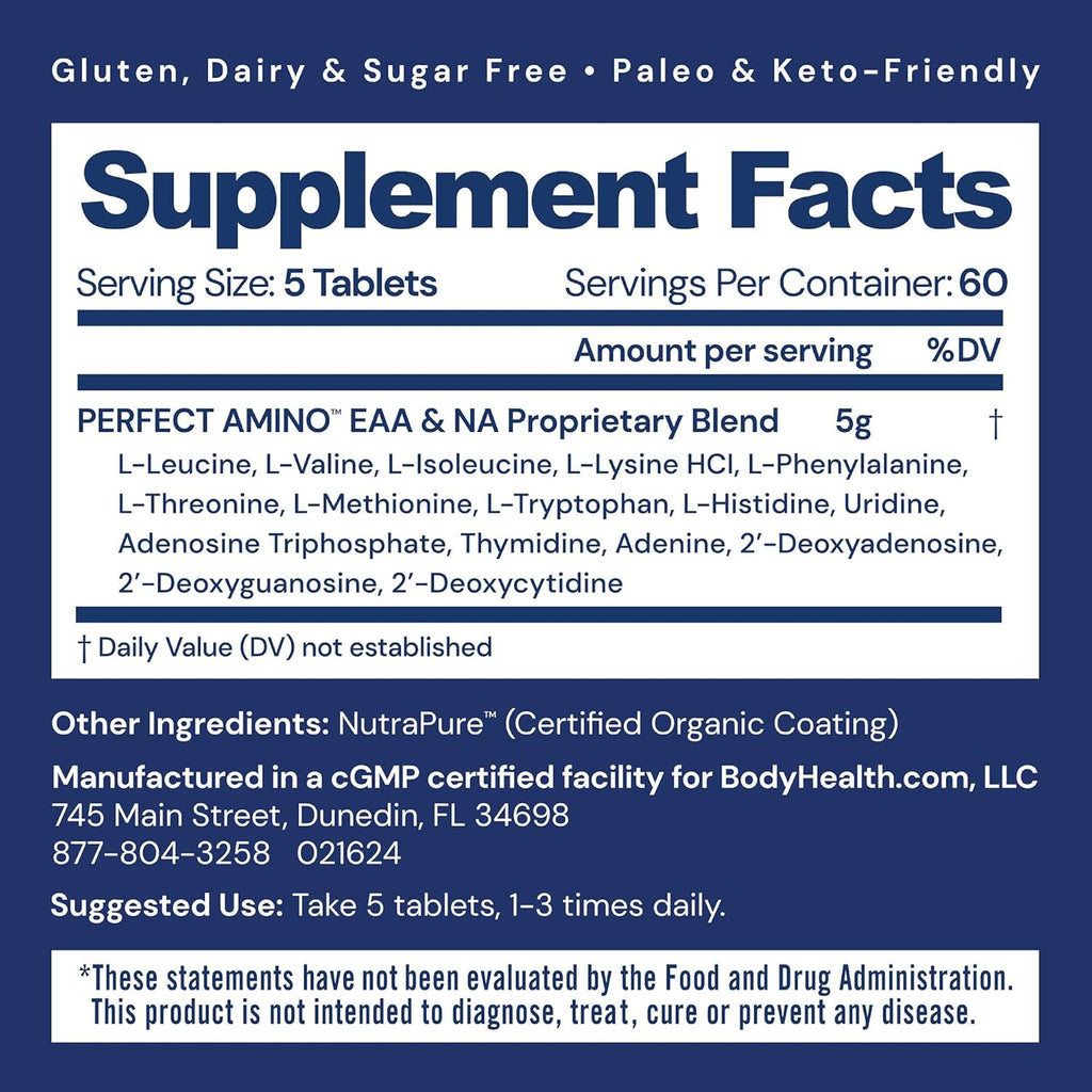 BodyHealth PerfectAmino (300 ct) Easy to Swallow Tablets, Essential Amino Acids Supplement with BCAAs, Vegan Protein for Pre/Post Workout & Muscle Recovery with Lysine, Tryptophan, Leucine, Methionine