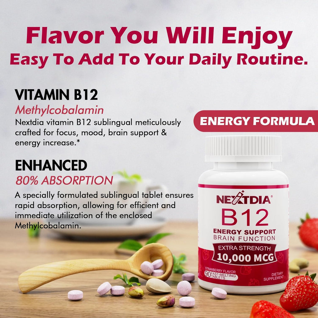 B12 Vitamins 10,000 mcg, Methylated Vitamin B12 Sublingual - Energy Boost, Focus, Metabolism & Brain Health Support, Immune System Support, Fast Dissolve, Natural Strawberry Flavor, 180 Servings