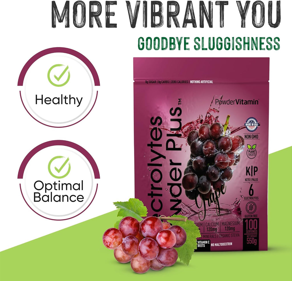 PowderVitamin Electrolytes Powder Plus (100 Servings) Grape Electrolyte Powder Zero Calorie Keto, 0 Sugar, No Maltodextrin,1000mg Potassium,120mg Calcium,120mg Magnesium, Hydration Powder