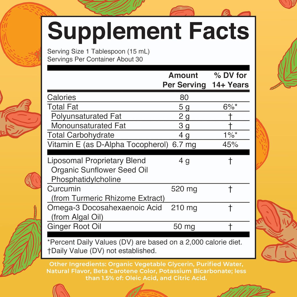MaryRuth Organics | Liposomal Turmeric & DHA | Curcumin | Ginger Root Oil | Algal DHA & Vitamin E | Cognitive Function | Mood Support | Joint Health | Liquid Supplement | 15.22 oz