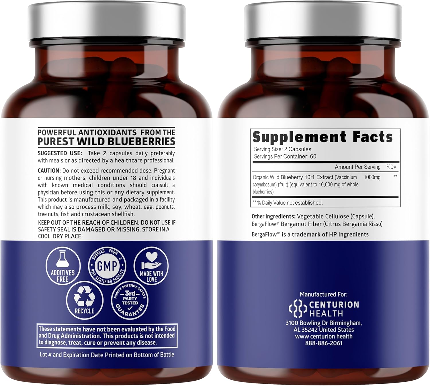 USDA Organic Wild Blueberry Extract 10:1 Concentrate, 10,000 MG per Serving Equivalent to 24 Whole Blueberries, Supports Immune Health, 120 Vegan Capsules