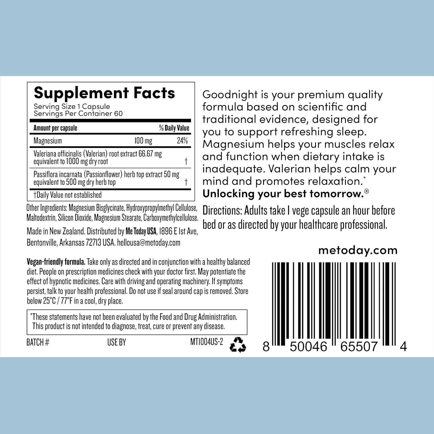 Me Today Goodnight Magnesium Sleep Aid Supplement –Supports Restful Sleep, Calm & Relaxation – Vegan Magnesium for Muscle Relaxation & Calmness – 60 Servings