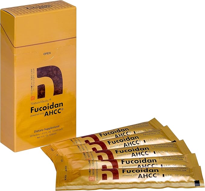 Fucoidan Powered with AHCC® Brown Seaweed Immunity Supplement with High Purity Organic Mekabu Mozuku Agaricus 50 Concentrated Liquid Extract Packets Made in Japan (1 Box)