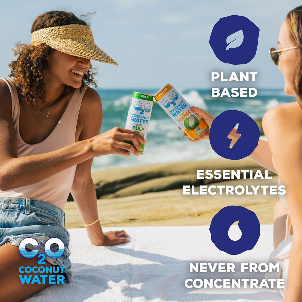 C2O - Coconut Water with Pulp (24 Pack, 3 Boxes of 8) - Made with Fresh Coconut Water - Plant Based, Non GMO Canned Water - Natural Hydration, Essential Electrolytes, & Potassium - 24 Cans, 10.5 FL OZ