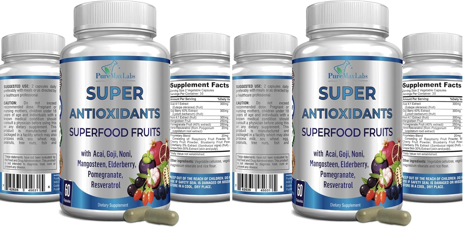 Super Antioxidant Fruit Superfood Complex - Powerful Antioxidant Superfruits, Acai, Goji, Noni, Mangosteen, Pomegranate, Elderberry, Resveratrol, Immune Support, Skin Care - 60 Capsules (Pack of 2)