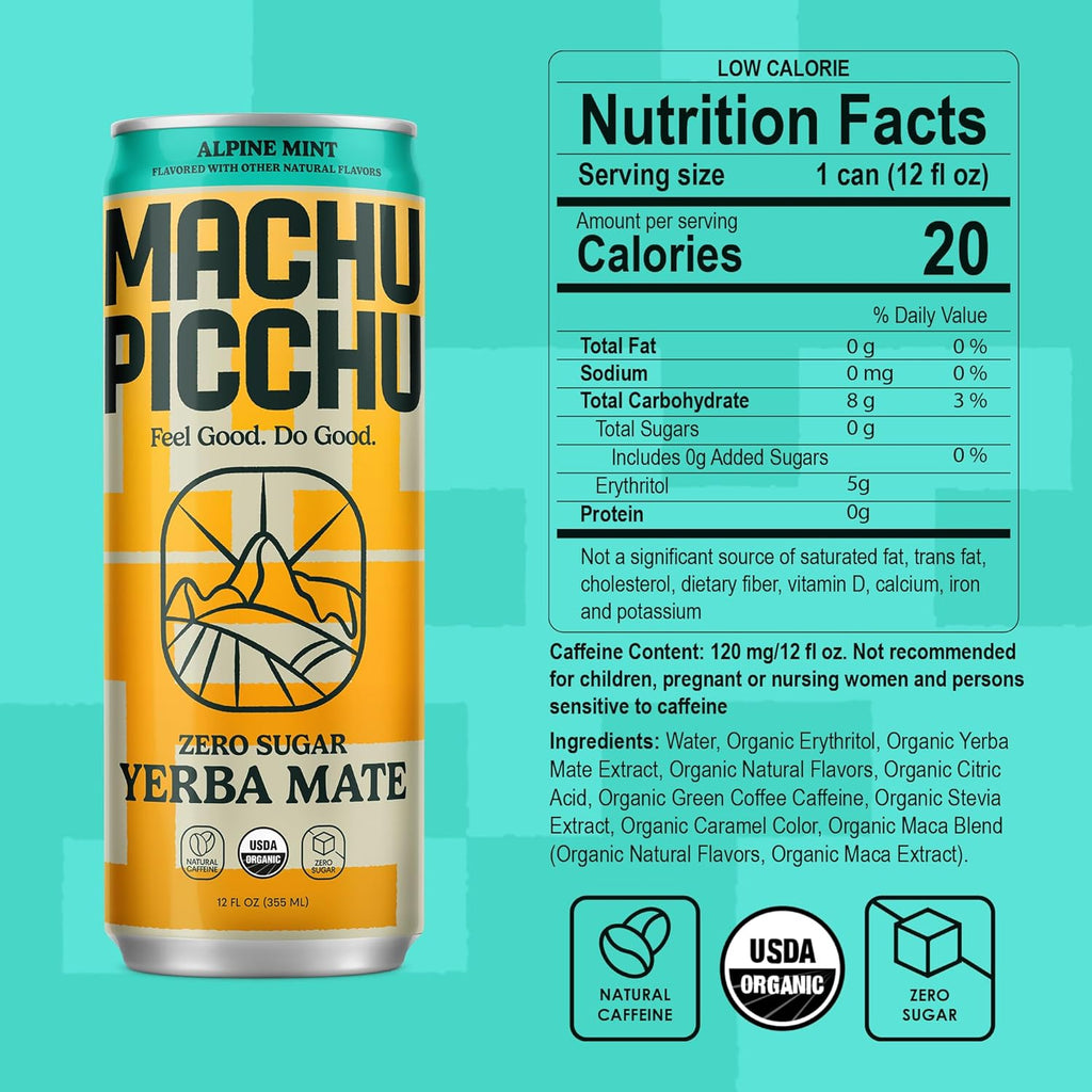 MACHU PICCHU ENERGY, Non-Carbonated Zero Sugar Yerba Mate, Clean Energy Drink Alternative, 12oz (Pack of 12) – 120mg Organic Green Coffee Bean Caffeine, Low Calorie, USDA Organic, No Artificial Flavors (Alpine Mint)