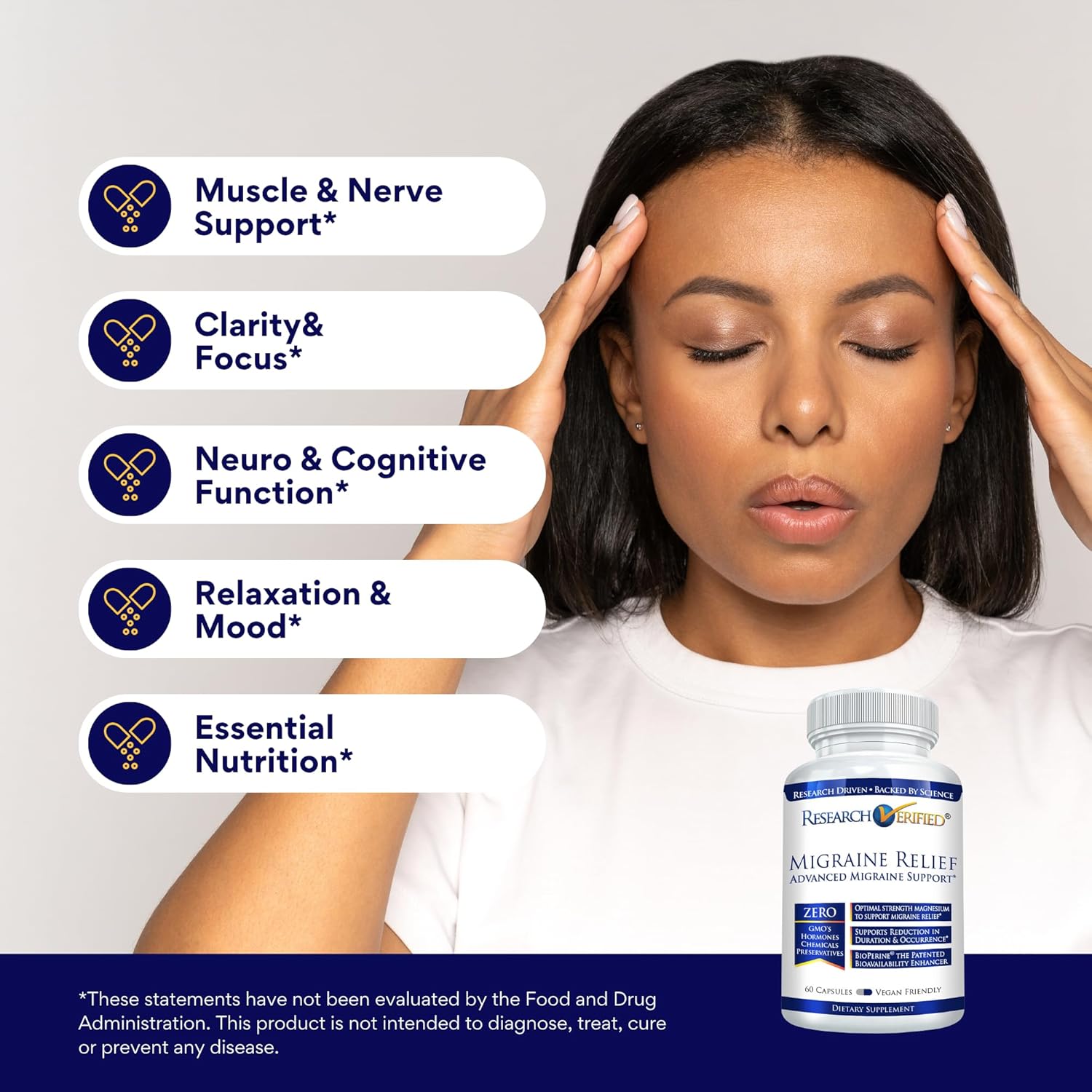 Research Verified Migraine Relief - Dual Action Supplement - Reduce Severity and Duration, Balance Hormones - with Ginger and Ginko Biloba- 60 Capsules Per Bottle - 6 Month Supply