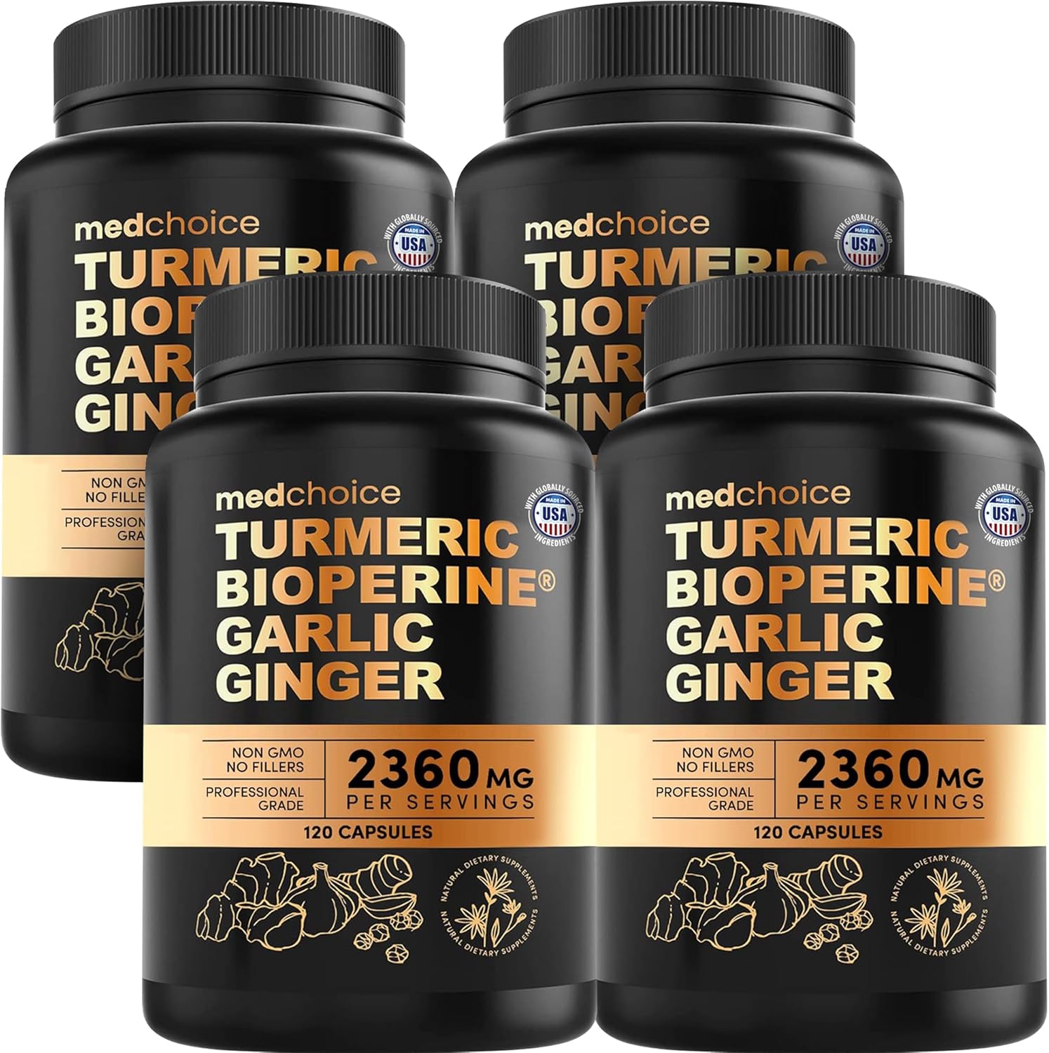 4-in-1 Turmeric and Garlic Supplements with Bioperine 2360 mg Turmeric Ginger Root Capsules with Garlic for Joint, Digestion & Immune Support (120ct, Pack of 4)
