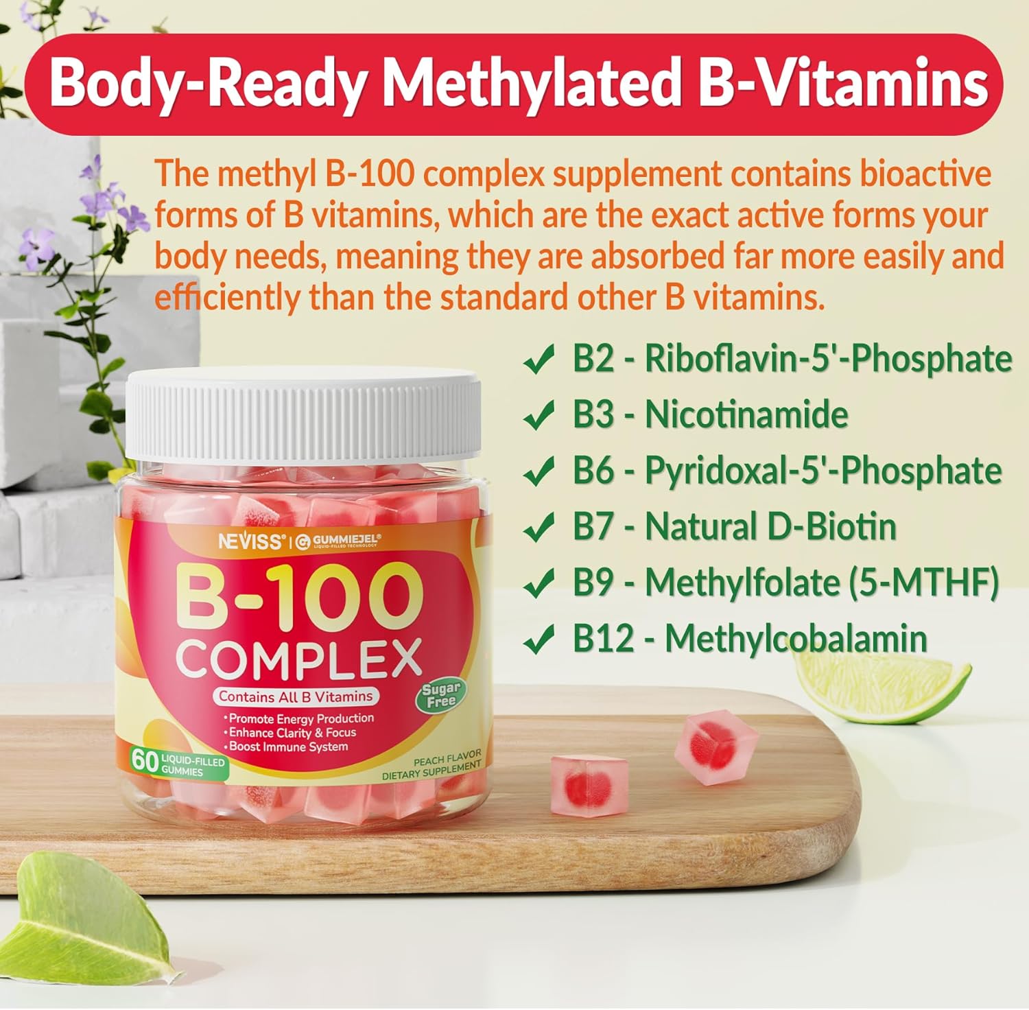 Super Vitamin B Complex Gummies - All B Vitamins Including Methyl B12, B1, B2, B3, B5, B6, Biotin, Methylfolate with Vitamin C, Choline, Inositol, PABA for Energy, Brain & Immune Support, Sugar Free