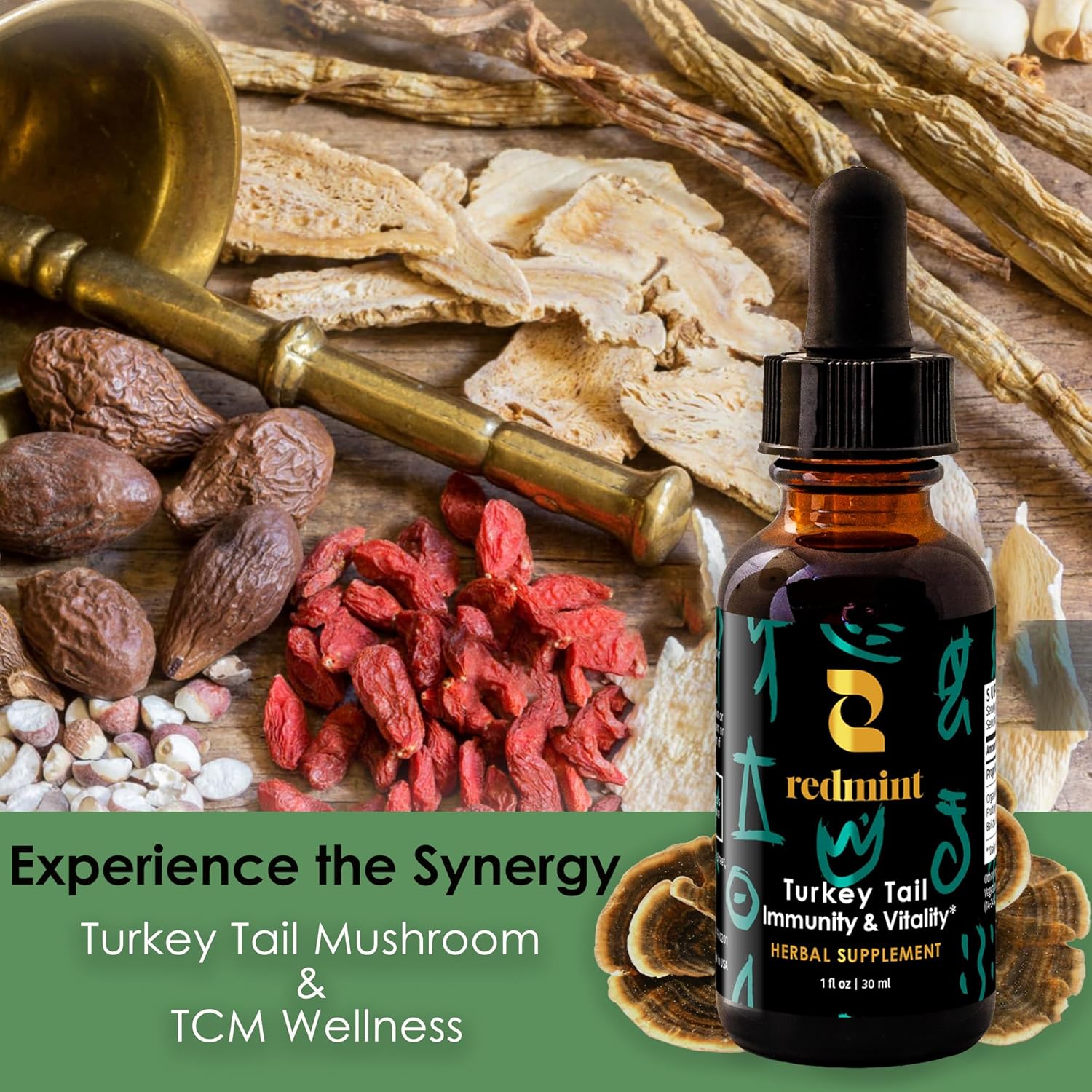 Redmint Turkey Tail Mushroom Herbal Tincture -Immunity & Vitality | Rooted in Ancient TCM Wisdom | Turkey Tail Extract for Immune Support and Digestive Health | Organic Mushroom Supplement | 1 Fl oz