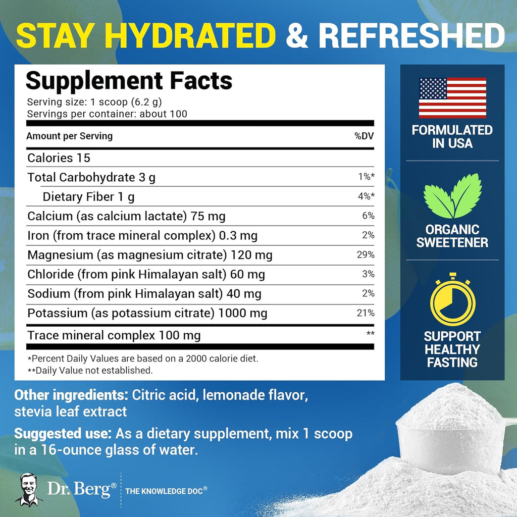 Dr. Berg Zero Sugar Hydration Keto Electrolyte Powder - Enhanced w/ 1000 mg of Potassium & Real Pink Himalayan Salt (NOT Table Salt) - Lemonade Flavor Hydration Drink Mix Supplement - 100 Servings