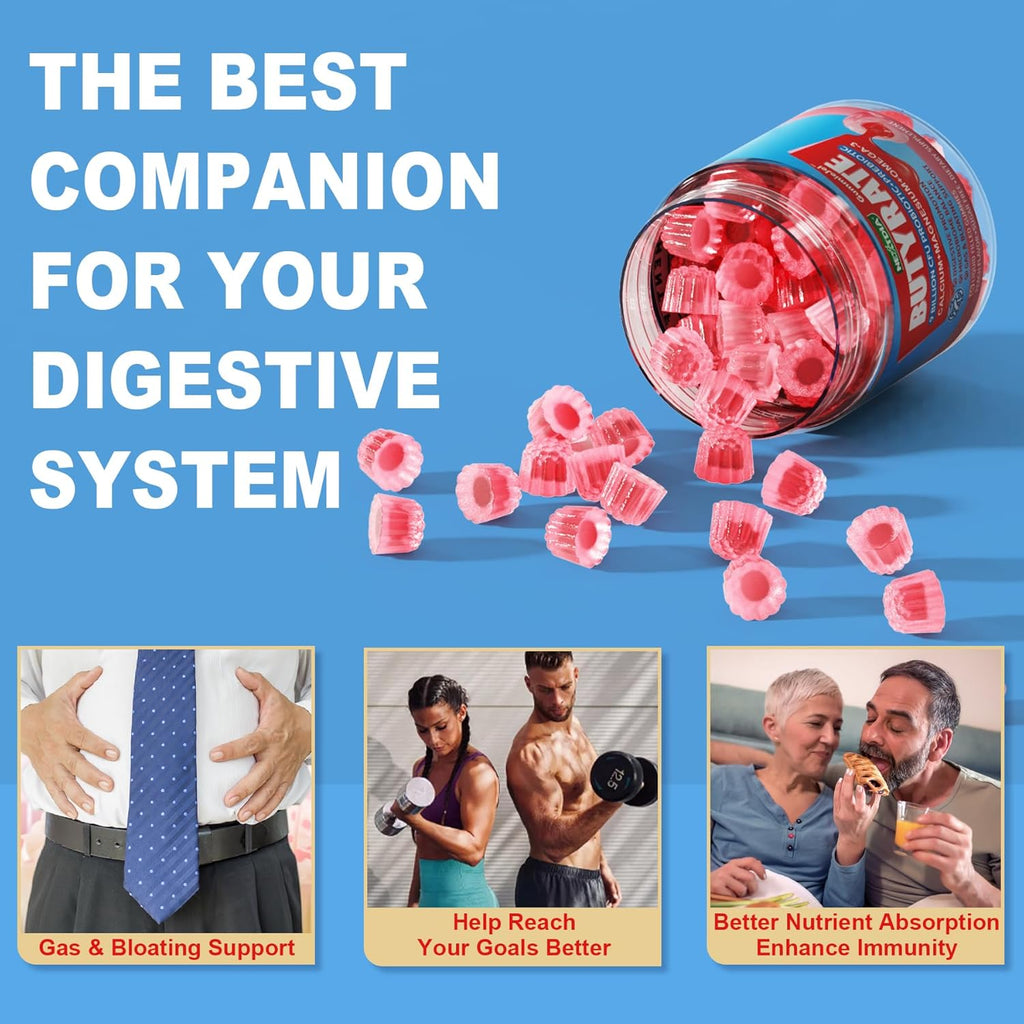 Butyrate Gummies with Probiotic + Prebiotic + Postbiotic, Omega-3 500mg,Fiber with 9 Billion CFU Probiotics, Calcium & Magnesium, Inulin,Psyllium Husk for Digestive Health,Bloating Support,Sugar Free