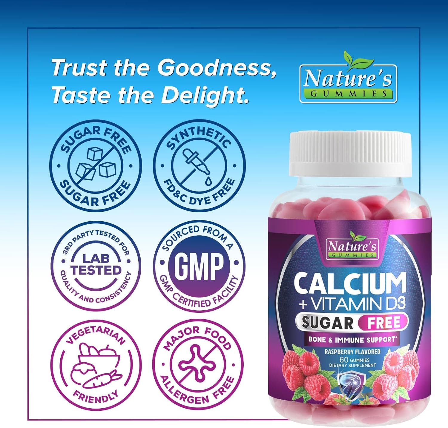 Sugar Free Chewable Calcium Gummy Vitamins - Plus 400 IU Vitamin D3 for Bone, Teeth, & Immune Health Support - Calcium Supplements for Women & Men Daily, Non-GMO, Berry Flavored - 60 Gummies