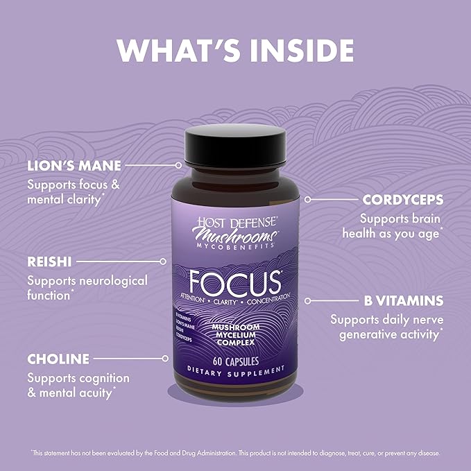 Host Defense MycoBenefits Focus Capsules - Mushroom Supplement for Brain Health Support - Neurological Function Aid for Adults - Includes Lion's Mane, Reishi & B Vitamins - 60 Capsules (30 Servings)