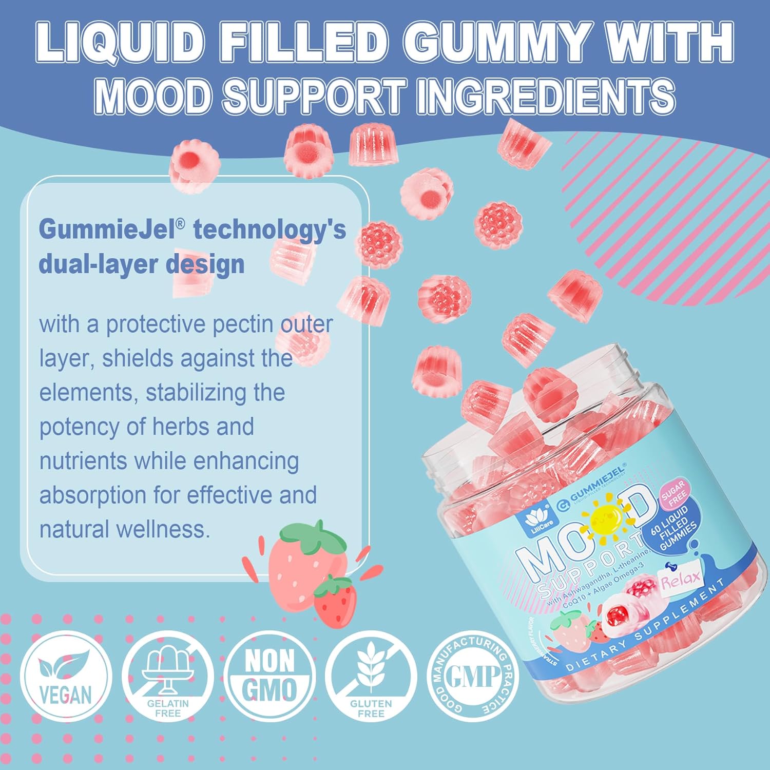 Sugar Free Ashwagandha Calm Gummies with L-Theanine, Vitamin D3, Vegan Omega 3, CoQ10 & Rhodiola Rosea for Women Men, Natural Relax Calming Mood Supplement, Strawberry Flavor, Vegan, 60 Filled Gummies