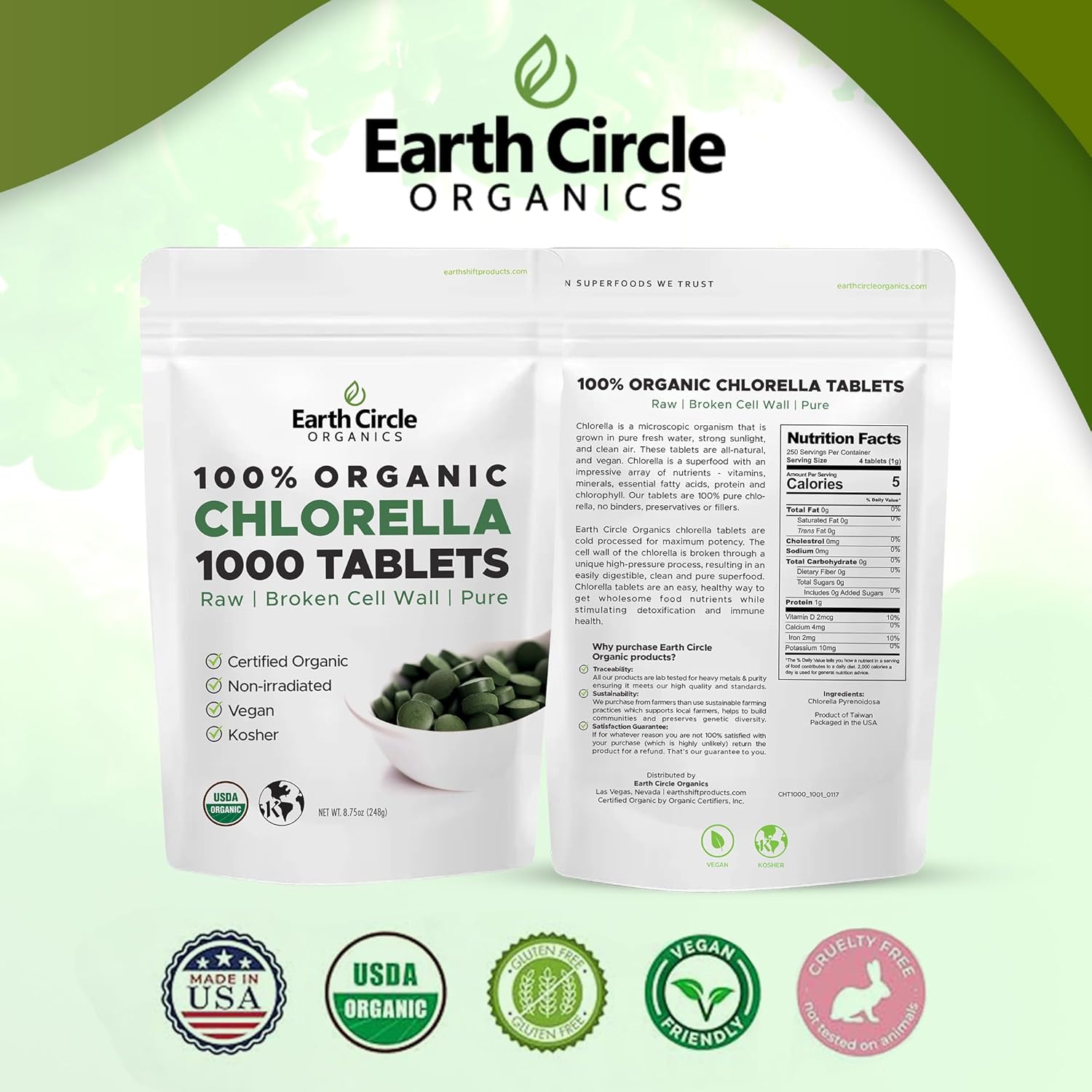 Organic Chlorella Tablets 1,000 Count | High Potency Superfood | Chlorophyll Pills from 100% Pure Green Algae | Broken Cell Wall for Max Absorption | Vegan, Kosher, Non-GMO | 4 Tabs per Day (2-Pack)