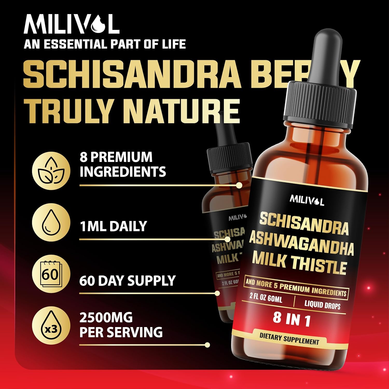 8in1 Schisandra Berry Drops with Milk Thistle, Ashwagandha, Rhodiola Rosea, Holy Basil, Artichoke, Dandelion Root & Turmeric Curcumin - 2 Fl Oz for 2 Month Supply