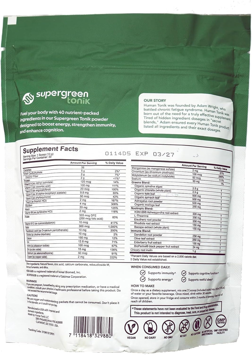 100% Natural Greens Superfood Powder – Daily Supplement with 40 Superfoods, Vitamins and Minerals – Supports Energy, Stress and Immunity – 30 Days 360 Grams Berry Flavor (1 Bag)